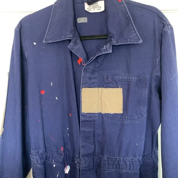 Artist coveralls, jumpsuit, patches and paint, drawstring bottoms, button up